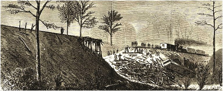 Harper’s Weekly ran this illustration in their March 19, 1870 edition. It shows the February 25, 1870 train wreck at Buckner's Trestle in Oxford, Mississippi. i