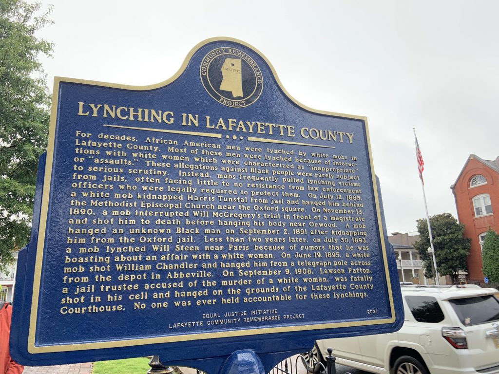 Lynching in Lafayette County memorial marker on the Oxford Courthouse Square. Photo courtesy of Lafayette Community Remembrance Project.