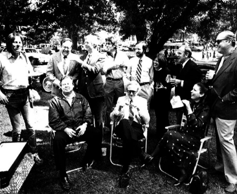 The Grove was their playground and The Square their sitting room. The vibe was theirs and they were its personification. Some home grown and some not, they are, standing from left: Photographer and author William Dunlap, Oxford businessman Ed Morgan, U.S. Senator Thad Cochran, Adam Shaw, writers Larry and Dean Faulkner Wells, Carl Downing, and The J.E. Neilson Co. co-owner Will Lewis, Jr. Seated, writer Willie Morris and Judge Grady Jolly and his wife Betty. Photograph by Walt Mixon.