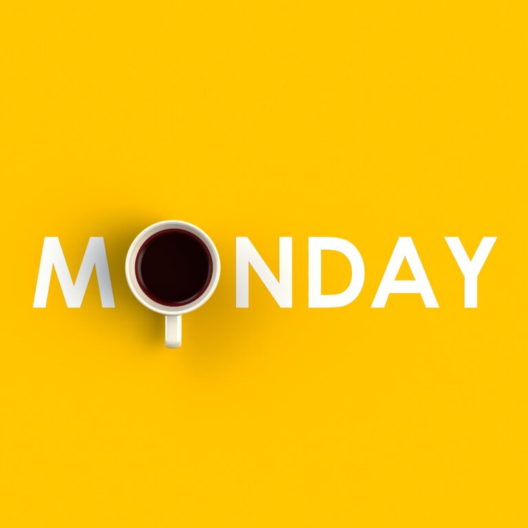 Top view of a cup of coffee in the form of monday isolated on ye